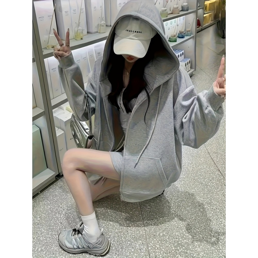 Mujeres Casual Suelto Ajuste Cierre de Cremallera - Longitud Media, Forro de Fleece, Cálido, Color Sólido, Versátil para Todas las Estaciones, Moda de Calle|Ajuste Relajado de la Sudadera|Jacke con Cremallera