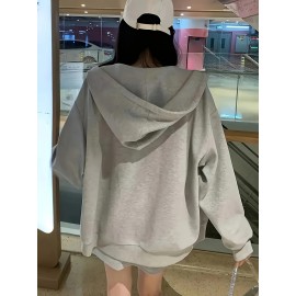 Mujeres Casual Suelto Ajuste Cierre de Cremallera - Longitud Media, Forro de Fleece, Cálido, Color Sólido, Versátil para Todas las Estaciones, Moda de Calle|Ajuste Relajado de la Sudadera|Jacke con Cremallera