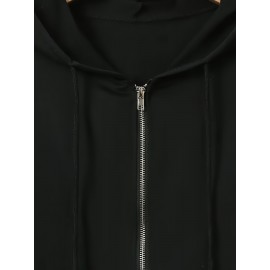 Camisola de manga comprida com capuz vermelho e bolsa de canguru - Sweatshirt casual com cordão, silhueta longa, mistura de poliéster para outono/inverno