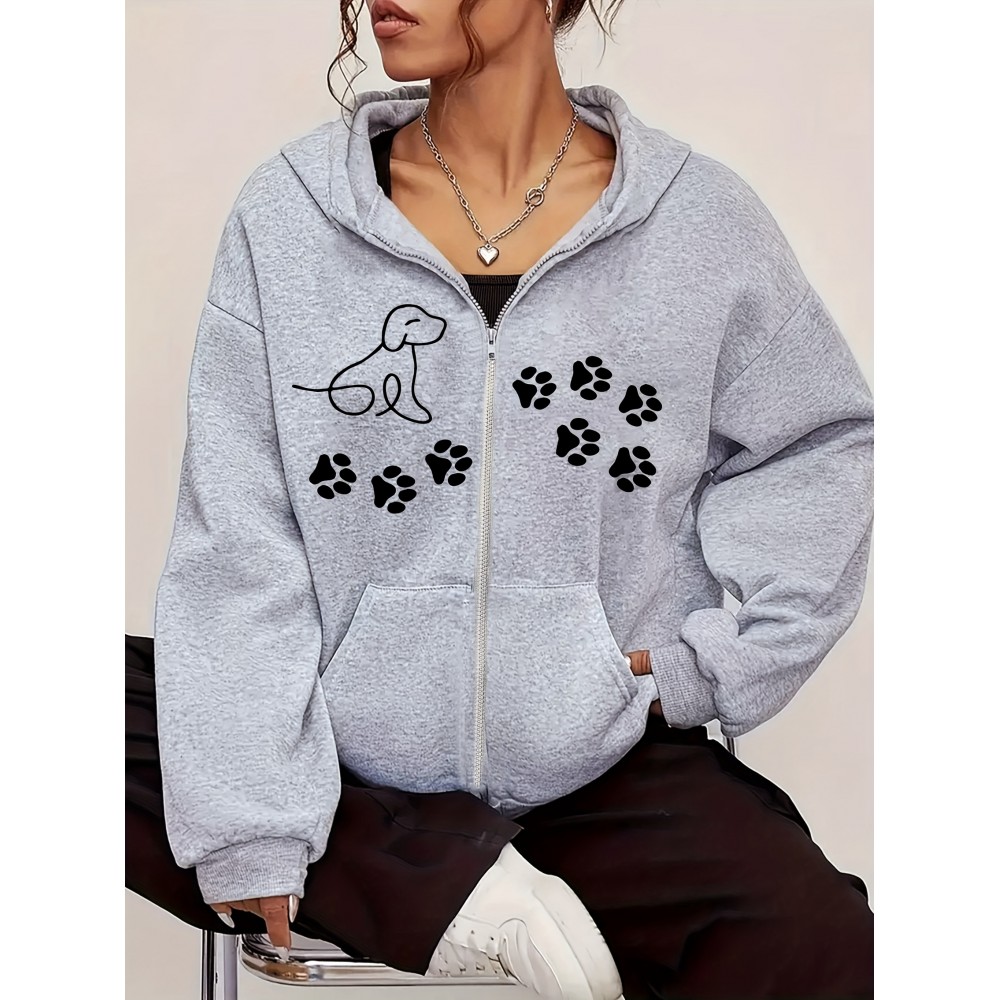 Moletom Feminino com Capuz Cinza Claro e Estampa de Patinha de Cachorro – Moletom Casual com Zíper, Bolso Canguru, Mistura de Poliéster Macio, Confortável para Uso Diário