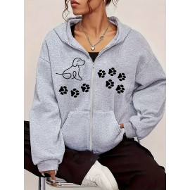 Moletom Feminino com Capuz Cinza Claro e Estampa de Patinha de Cachorro – Moletom Casual com Zíper, Bolso Canguru, Mistura de Poliéster Macio, Confortável para Uso Diário