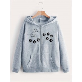 Moletom Feminino com Capuz Cinza Claro e Estampa de Patinha de Cachorro – Moletom Casual com Zíper, Bolso Canguru, Mistura de Poliéster Macio, Confortável para Uso Diário
