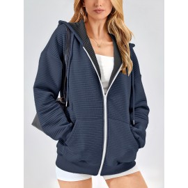 Moletom com Capuz Feminino de Zíper - Jaqueta Casual Oversize de Manga Longa com Cordão e Bolsos, Estampa Listrada, Tecido Médio-Elastico, Lavável à Máquina em Azul Marinho, Blusão de Outono