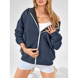Moletom com Capuz Feminino de Zíper - Jaqueta Casual Oversize de Manga Longa com Cordão e Bolsos, Estampa Listrada, Tecido Médio-Elastico, Lavável à Máquina em Azul Marinho, Blusão de Outono