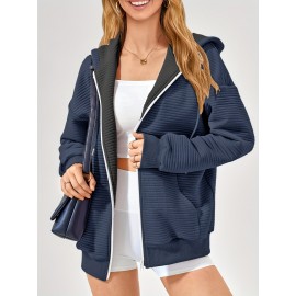 Moletom com Capuz Feminino de Zíper - Jaqueta Casual Oversize de Manga Longa com Cordão e Bolsos, Estampa Listrada, Tecido Médio-Elastico, Lavável à Máquina em Azul Marinho, Blusão de Outono