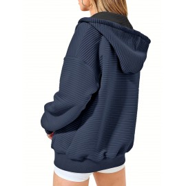 Moletom com Capuz Feminino de Zíper - Jaqueta Casual Oversize de Manga Longa com Cordão e Bolsos, Estampa Listrada, Tecido Médio-Elastico, Lavável à Máquina em Azul Marinho, Blusão de Outono