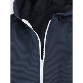 Moletom com Capuz Feminino de Zíper - Jaqueta Casual Oversize de Manga Longa com Cordão e Bolsos, Estampa Listrada, Tecido Médio-Elastico, Lavável à Máquina em Azul Marinho, Blusão de Outono
