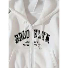Moletom com capuz gráfico Brooklyn Nova Iorque para mulheres - Casual com fecho de correr e cordão, forro térmico, bolso dividido, manga comprida - Branco
