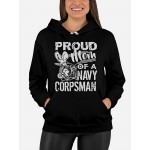 Moletom Navy Corpsman para Mulheres - Pulôver Casual de Manga Longa com Bolso, Camisa com Capuz de Tecido de Malha de Corte Regular para Outono/Inverno