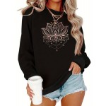 1pc Blusa Feminina Casual com Estampa de Lótus - Mistura de Algodão, Tecido Elástico, Padrão Geométrico, Estilo Pullover, Gola Redonda, para Outono/Inverno
