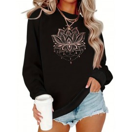 1pc Blusa Feminina Casual com Estampa de Lótus - Mistura de Algodão, Tecido Elástico, Padrão Geométrico, Estilo Pullover, Gola Redonda, para Outono/Inverno