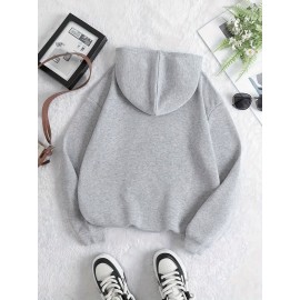 Moletom Casual Feminino com Zíper e Estampa Abstrata de Letras KANE - Jaqueta Cinza Claro Ajuste Relaxado, Lavável à Máquina para Todas as Estações, Roupa Confortável para Viagem & Uso Diário