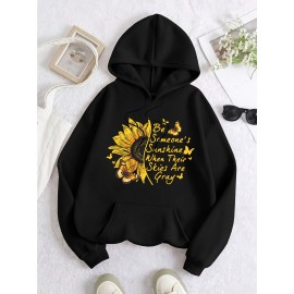 Moletom de Girassol para Mulher - Conforto Casual, Cordão Ajustável, Bolso Canguru | Pulôver de Poliéster Anti-Pilling para Outono/Inverno