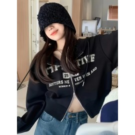 Casaco com capuz e fecho de correr bidirecional com estampado de letras - Casual, confortável e elegante para mulheres, perfeito para todas as estações, casaco com capuz casual | Casaco com capuz com fecho de correr | Estilo casual