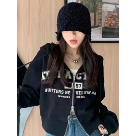 Casaco com capuz e fecho de correr bidirecional com estampado de letras - Casual, confortável e elegante para mulheres, perfeito para todas as estações, casaco com capuz casual | Casaco com capuz com fecho de correr | Estilo casual