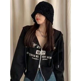 Casaco com capuz e fecho de correr bidirecional com estampado de letras - Casual, confortável e elegante para mulheres, perfeito para todas as estações, casaco com capuz casual | Casaco com capuz com fecho de correr | Estilo casual
