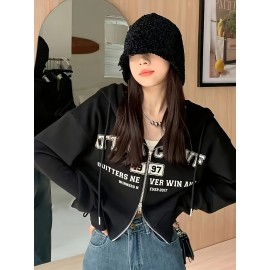Casaco com capuz e fecho de correr bidirecional com estampado de letras - Casual, confortável e elegante para mulheres, perfeito para todas as estações, casaco com capuz casual | Casaco com capuz com fecho de correr | Estilo casual