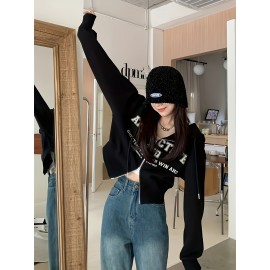 Casaco com capuz e fecho de correr bidirecional com estampado de letras - Casual, confortável e elegante para mulheres, perfeito para todas as estações, casaco com capuz casual | Casaco com capuz com fecho de correr | Estilo casual