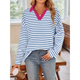 Camiseta de manga comprida listrada azul e branca com gola polo casual solta para mulher