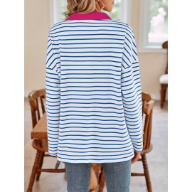 Camiseta de manga comprida listrada azul e branca com gola polo casual solta para mulher
