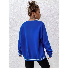 Blusa de Manga Longa de Moda Feminina Azul, Gola Redonda Casual, Poliéster Elástico, Cor Sólida, Pulôver, Adulto, Tricot, para Outono/Inverno