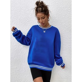 Blusa de Manga Longa de Moda Feminina Azul, Gola Redonda Casual, Poliéster Elástico, Cor Sólida, Pulôver, Adulto, Tricot, para Outono/Inverno