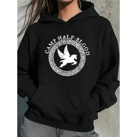 Moletom Feminino Artístico Pégaso Mítico & CAMP MEIO-SANGUE - Suéter Cinza Macio com Estampas de Chaves Gregas, Lavável à Máquina para Uso Casual em Todas as Estações, Confortável e Moderno