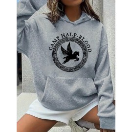 Moletom Feminino Artístico Pégaso Mítico & CAMP MEIO-SANGUE - Suéter Cinza Macio com Estampas de Chaves Gregas, Lavável à Máquina para Uso Casual em Todas as Estações, Confortável e Moderno