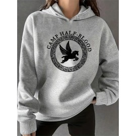 Moletom Feminino Artístico Pégaso Mítico & CAMP MEIO-SANGUE - Suéter Cinza Macio com Estampas de Chaves Gregas, Lavável à Máquina para Uso Casual em Todas as Estações, Confortável e Moderno