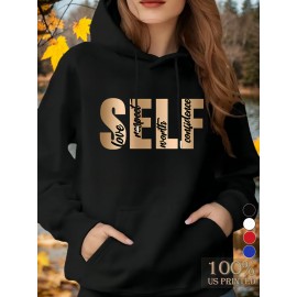 1pc Moletom Feminino Casual de Algodão com Manga Longa e Estampa de Slogan, Bolsos e Cordão Ajustável - Pulôver de Malha Confortável para Outono/Inverno