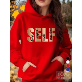 1pc Moletom Feminino Casual de Algodão com Manga Longa e Estampa de Slogan, Bolsos e Cordão Ajustável - Pulôver de Malha Confortável para Outono/Inverno