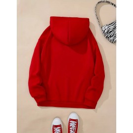 1pc Moletom Feminino Casual de Algodão com Manga Longa e Estampa de Slogan, Bolsos e Cordão Ajustável - Pulôver de Malha Confortável para Outono/Inverno