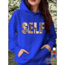 1pc Moletom Feminino Casual de Algodão com Manga Longa e Estampa de Slogan, Bolsos e Cordão Ajustável - Pulôver de Malha Confortável para Outono/Inverno