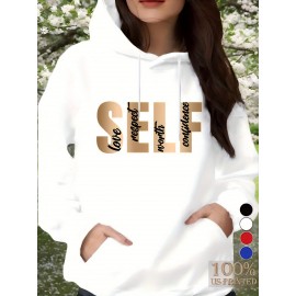 1pc Moletom Feminino Casual de Algodão com Manga Longa e Estampa de Slogan, Bolsos e Cordão Ajustável - Pulôver de Malha Confortável para Outono/Inverno