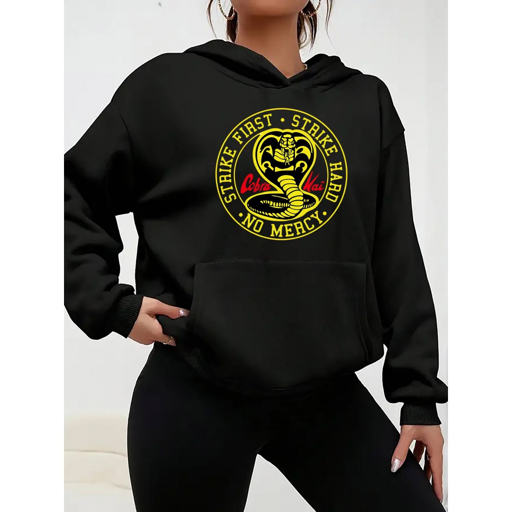 Moletom de Cetim Casual com Estampa Gráfica Cobra Kai - Tecido de Poliéster Tricotado com Capuz, Ligeiro Estiramento, Padrão Alfabético, Bolso com Pochete para Mulheres - Top de Pulôver com Capuz para Todas as Estações