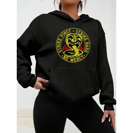 Moletom de Cetim Casual com Estampa Gráfica Cobra Kai - Tecido de Poliéster Tricotado com Capuz, Ligeiro Estiramento, Padrão Alfabético, Bolso com Pochete para Mulheres - Top de Pulôver com Capuz para Todas as Estações