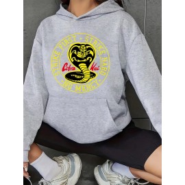 Moletom de Cetim Casual com Estampa Gráfica Cobra Kai - Tecido de Poliéster Tricotado com Capuz, Ligeiro Estiramento, Padrão Alfabético, Bolso com Pochete para Mulheres - Top de Pulôver com Capuz para Todas as Estações