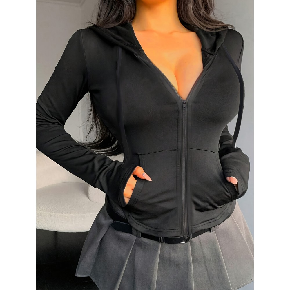 Jaqueta Atlética Feminina Preta com Capuz e Manga Comprida com Zíper e Bolsos - Mistura de Poliéster Elástico, Design com Zíper Completo, Roupa Esportiva Confortável para Vestuário Casual, Jaqueta de Treino