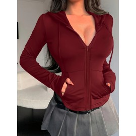 Jaqueta Atlética Feminina Preta com Capuz e Manga Comprida com Zíper e Bolsos - Mistura de Poliéster Elástico, Design com Zíper Completo, Roupa Esportiva Confortável para Vestuário Casual, Jaqueta de Treino