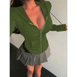 Jaqueta Atlética Feminina Preta com Capuz e Manga Comprida com Zíper e Bolsos - Mistura de Poliéster Elástico, Design com Zíper Completo, Roupa Esportiva Confortável para Vestuário Casual, Jaqueta de Treino