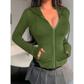 Jaqueta Atlética Feminina Preta com Capuz e Manga Comprida com Zíper e Bolsos - Mistura de Poliéster Elástico, Design com Zíper Completo, Roupa Esportiva Confortável para Vestuário Casual, Jaqueta de Treino