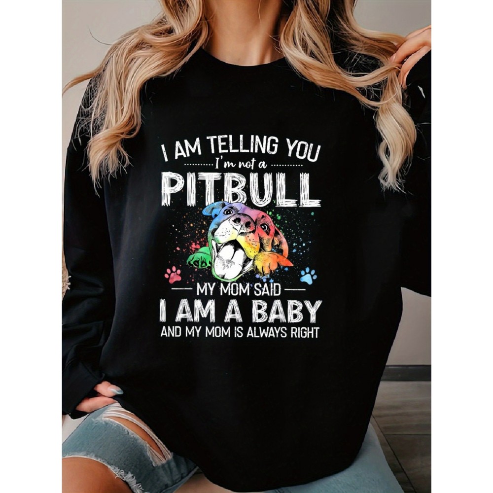 Suéter de manga longa casual para mulheres com estampa de Pitbull e bolso frontal, mistura de algodão, lavável à máquina - adequado para primavera, outono e inverno, 250g