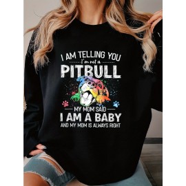 Suéter de manga longa casual para mulheres com estampa de Pitbull e bolso frontal, mistura de algodão, lavável à máquina - adequado para primavera, outono e inverno, 250g