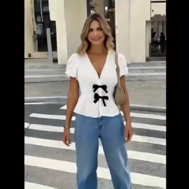 Blusa Feminina Elegante - Top com Decote Profundo e Laço na Cintura, Tecido Não Transparente para Praia, Festa ou Escritório, Lavável à Máquina, Roupa Casual, Estilosa Cardigan de Verão, Material Respirável, Guarda-Roupa de Verão