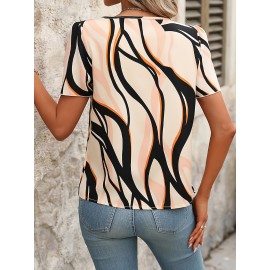 Camisa de férias de verão com mangas curtas e decote em V, elegante e versátil para mulheres.