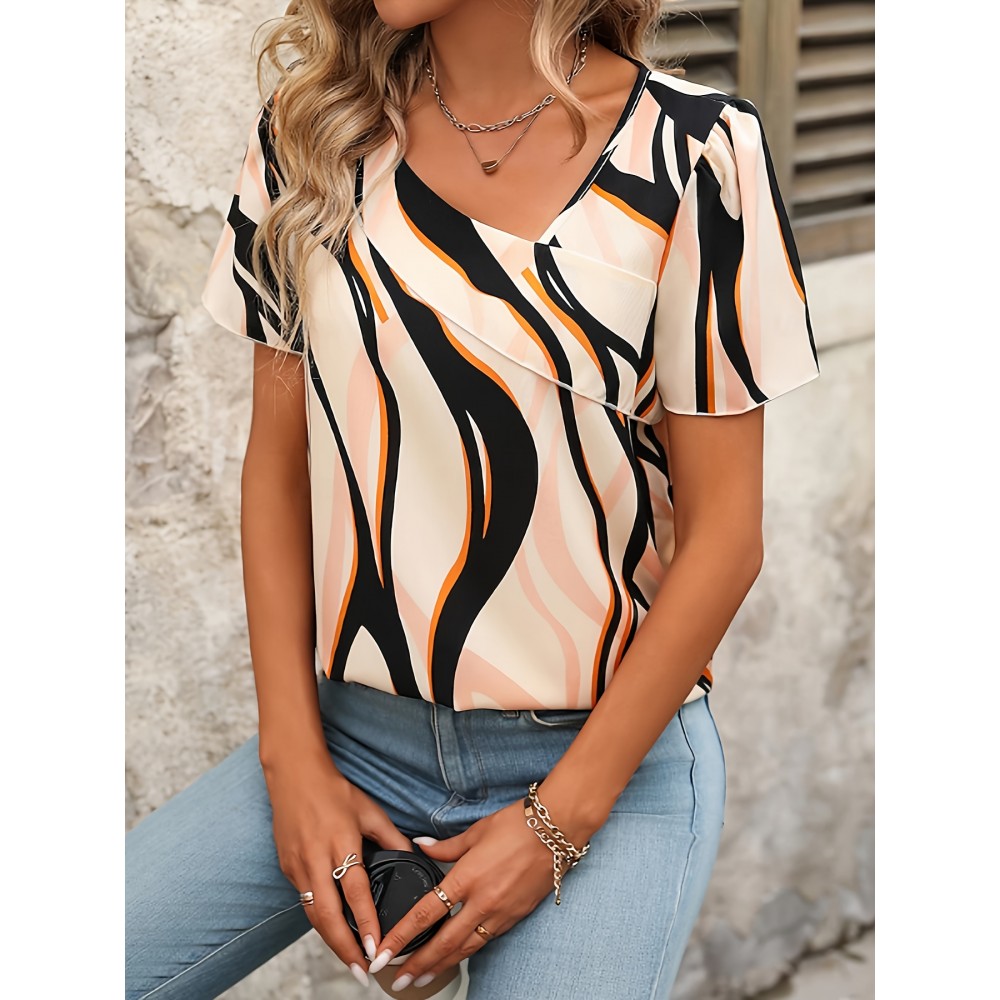 Camisa de férias de verão com mangas curtas e decote em V, elegante e versátil para mulheres.