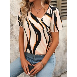 Camisa de férias de verão com mangas curtas e decote em V, elegante e versátil para mulheres.