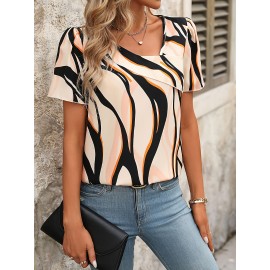 Camisa de férias de verão com mangas curtas e decote em V, elegante e versátil para mulheres.