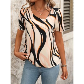 Camisa de férias de verão com mangas curtas e decote em V, elegante e versátil para mulheres.