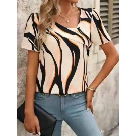 Camisa de férias de verão com mangas curtas e decote em V, elegante e versátil para mulheres.
